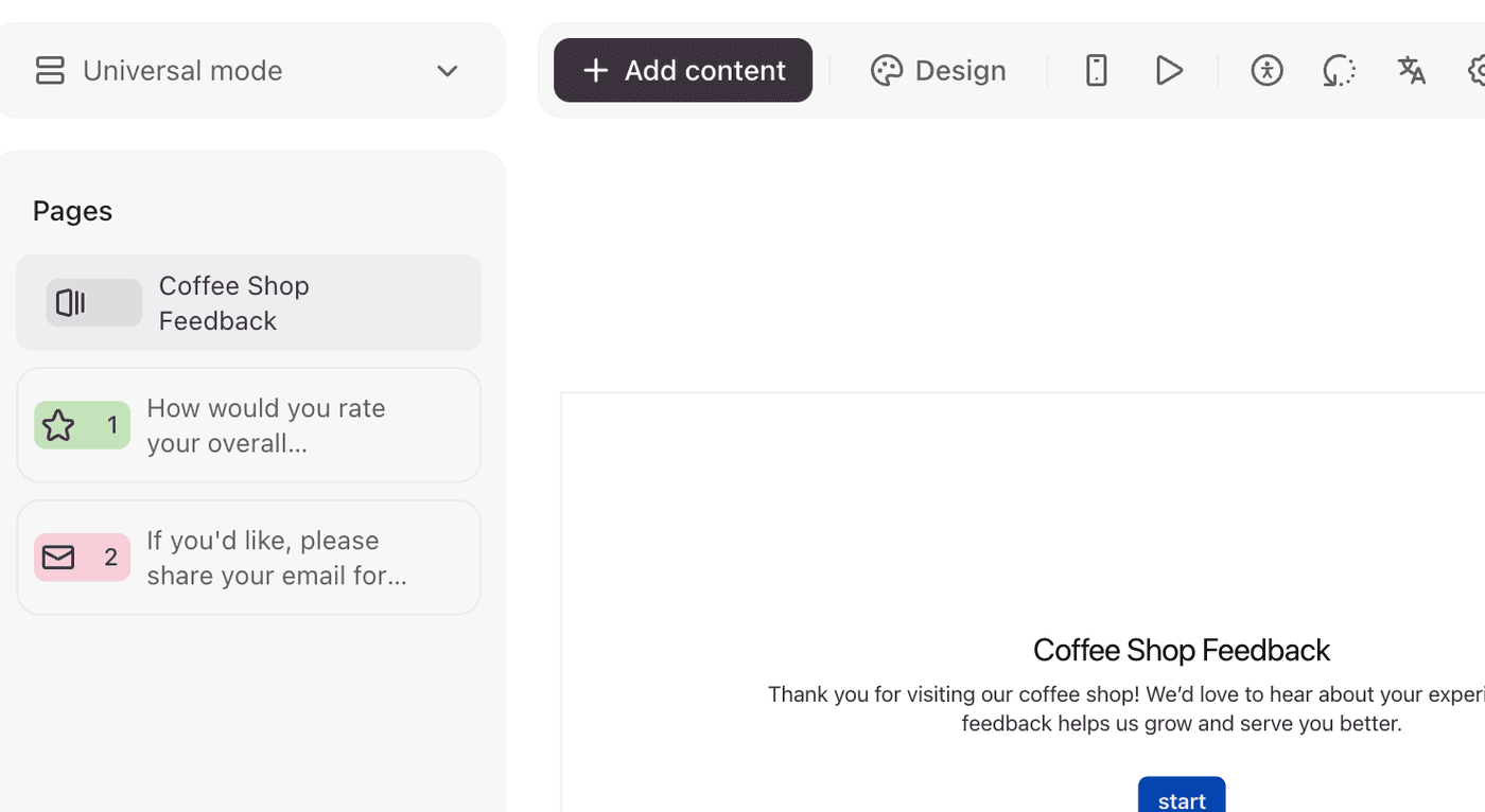 After removing paid features the form is reduced to just a rating question and an email field