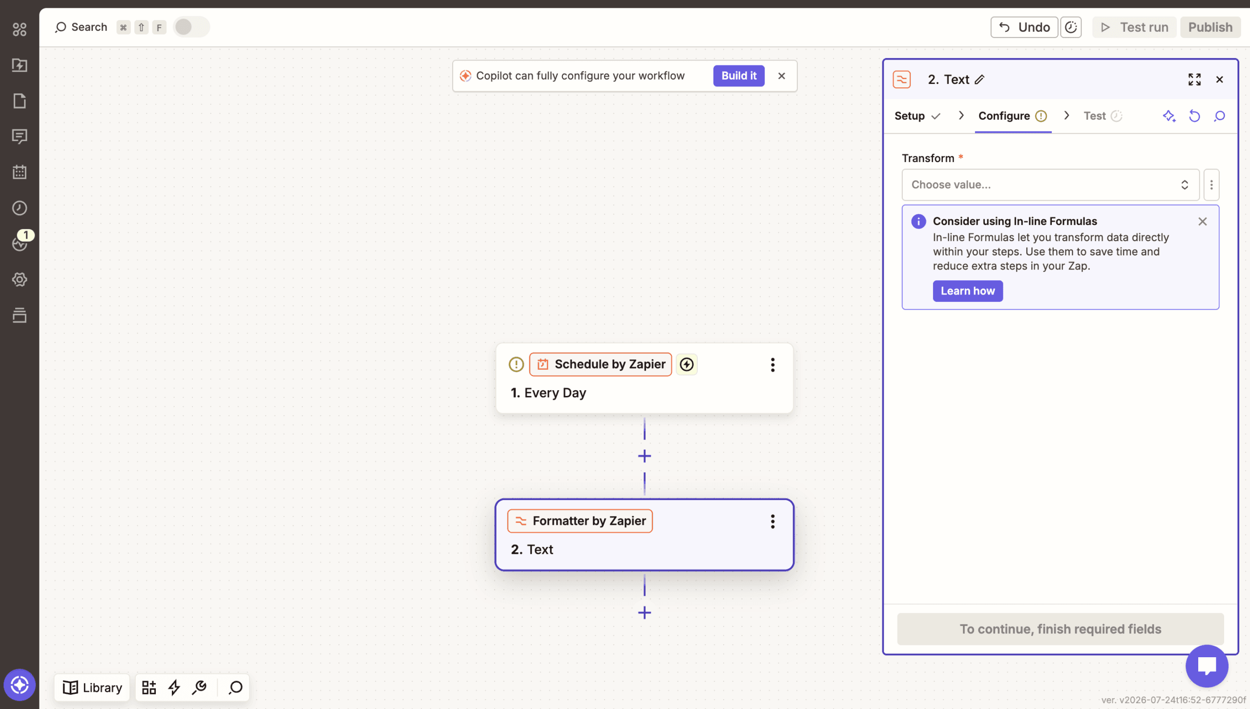 Zapier 實測截圖:建了一個 Schedule 觸發 Formatter 動作的兩步 Zap,垂直線性步驟