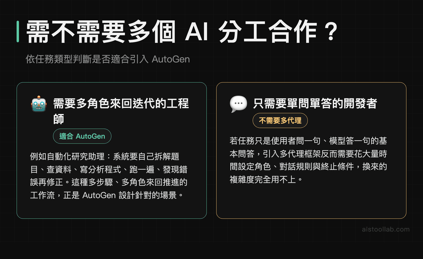 AutoGen 多代理協作適用情境對照：需要多角色分工的工作流 vs 單問單答不需要多代理