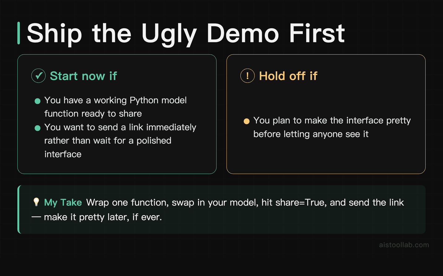 Verdict card for building a Gradio AI demo: who should ship now versus who should wait, with a one-line bottom-line recommendation