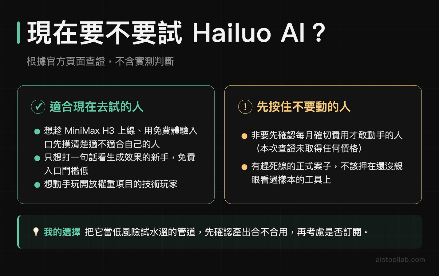 Hailuo AI 最終建議：適合現在試用的三類人與應先按住的兩種情況，附一句話行動結論