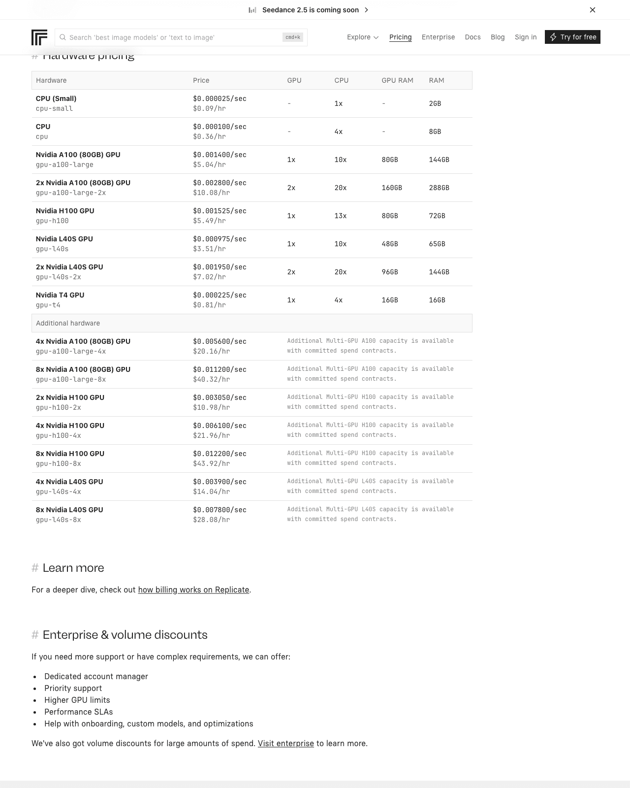 Official hardware pricing section listing per-second and hourly rates for each GPU and CPU tier