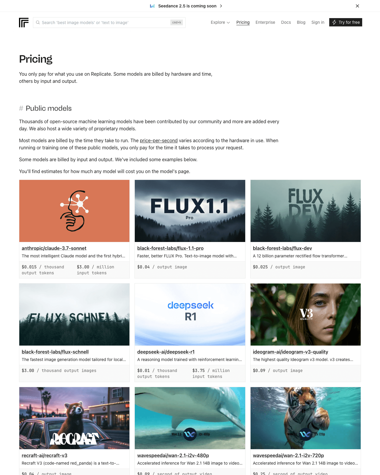 Official pricing page stating that most models are billed by the time they take to run, with per-model example rates