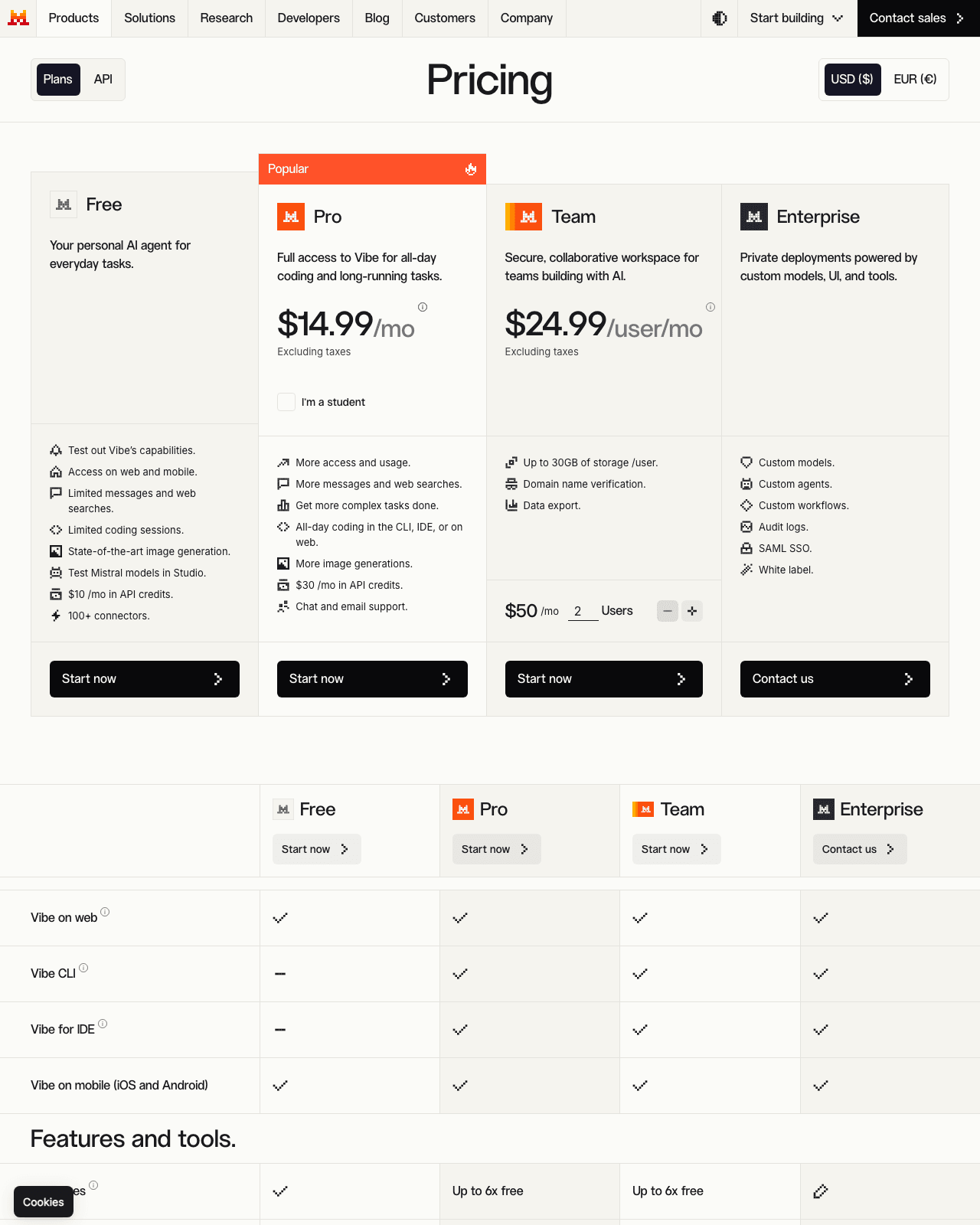 Official pricing page screenshot showing the published rates